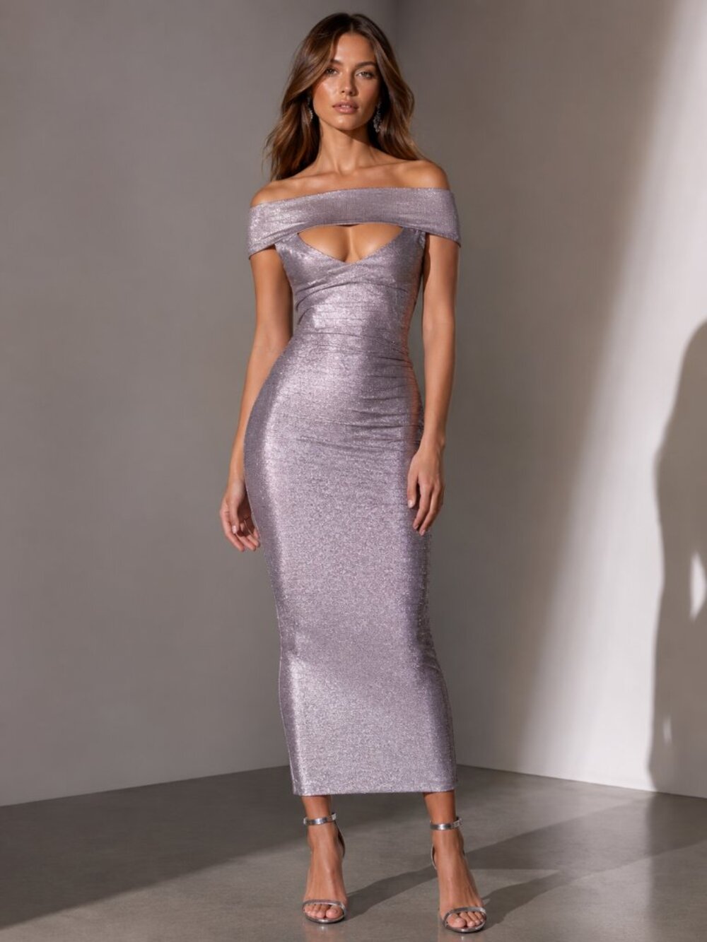HAMEL Metallic Silver Off Shoulder Bodyco Evening Dress Gown NEW NWT